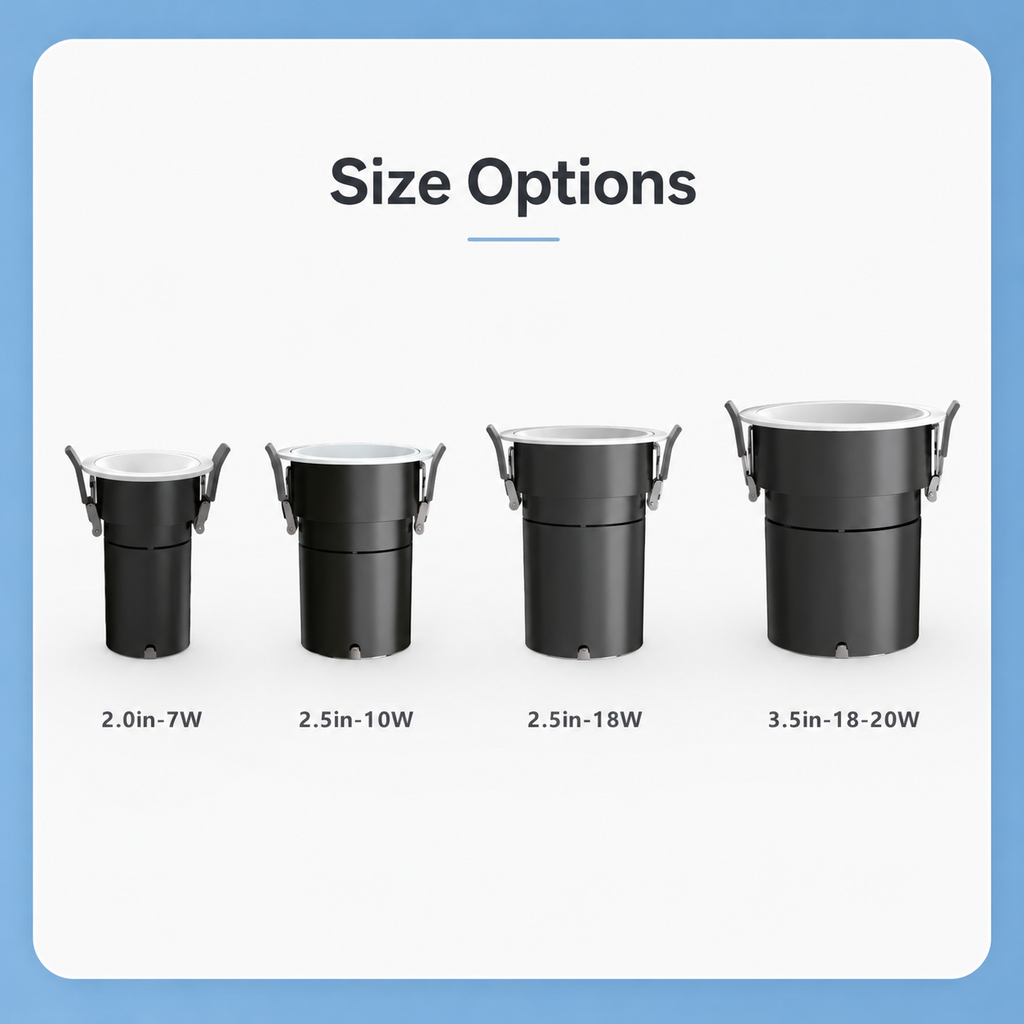 NDL Series Size Options - 2.0in-7W 2.5in-10W 2.5in-18W 3.5in-18-20W four sizes black cylinder body with white ring
