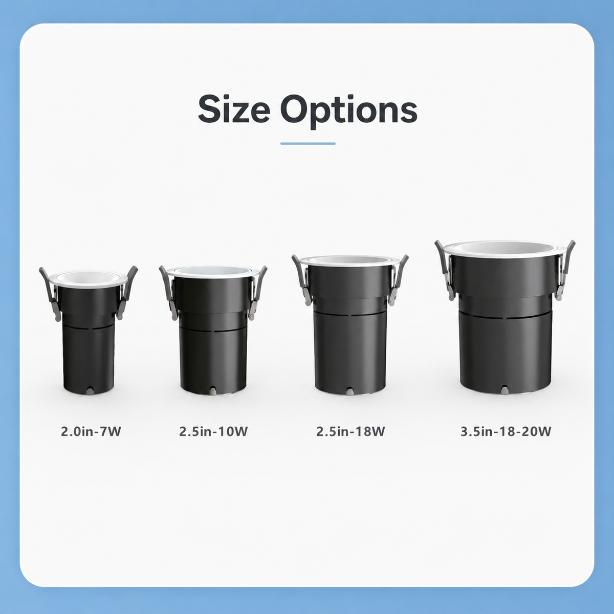 NDL Series Size Options - 2.0in-7W 2.5in-10W 2.5in-18W 3.5in-18-20W four sizes black cylinder body with white ring