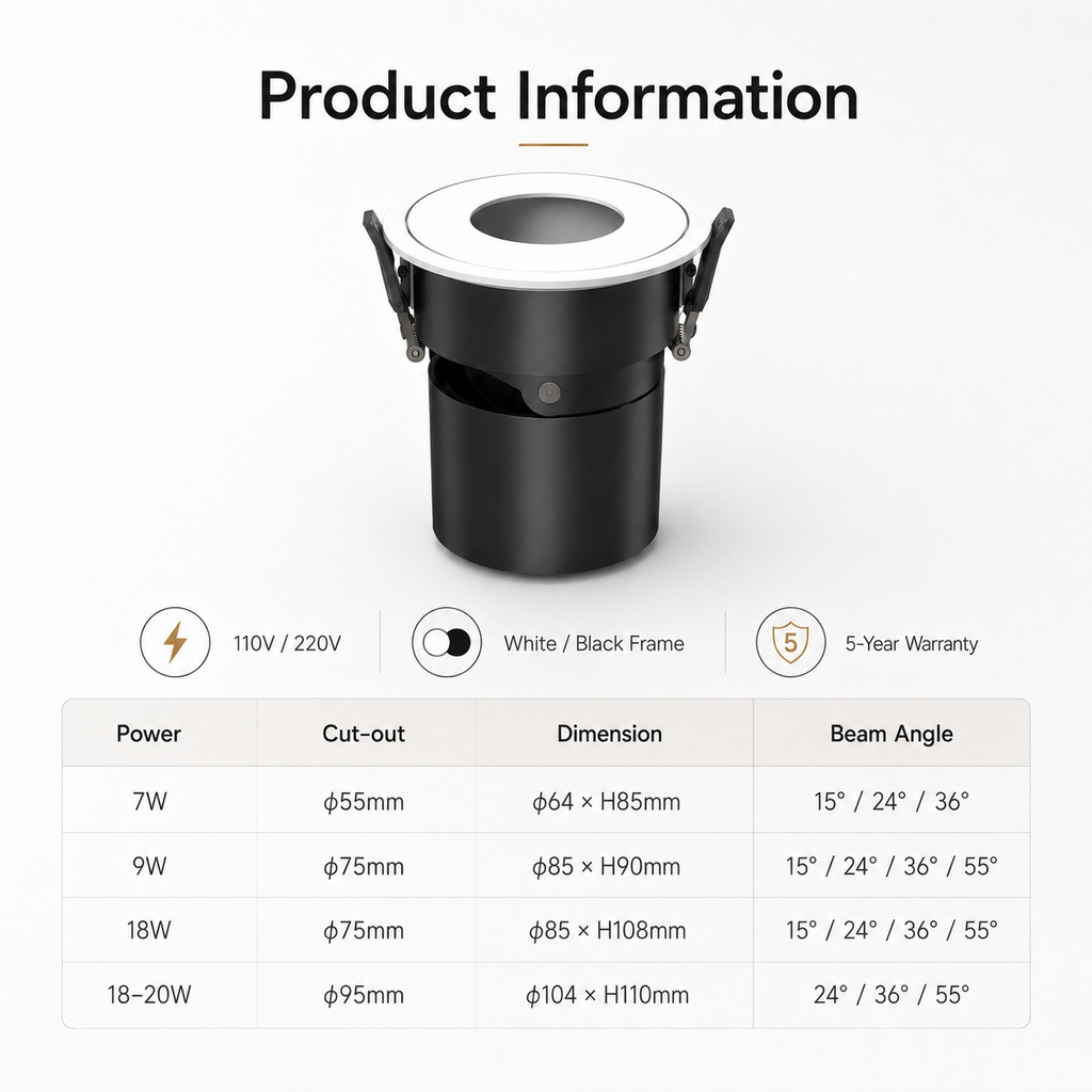 KDL Series - Product Information table showing 7W/9W/18W/18-20W cut-out dimension and beam angle specifications