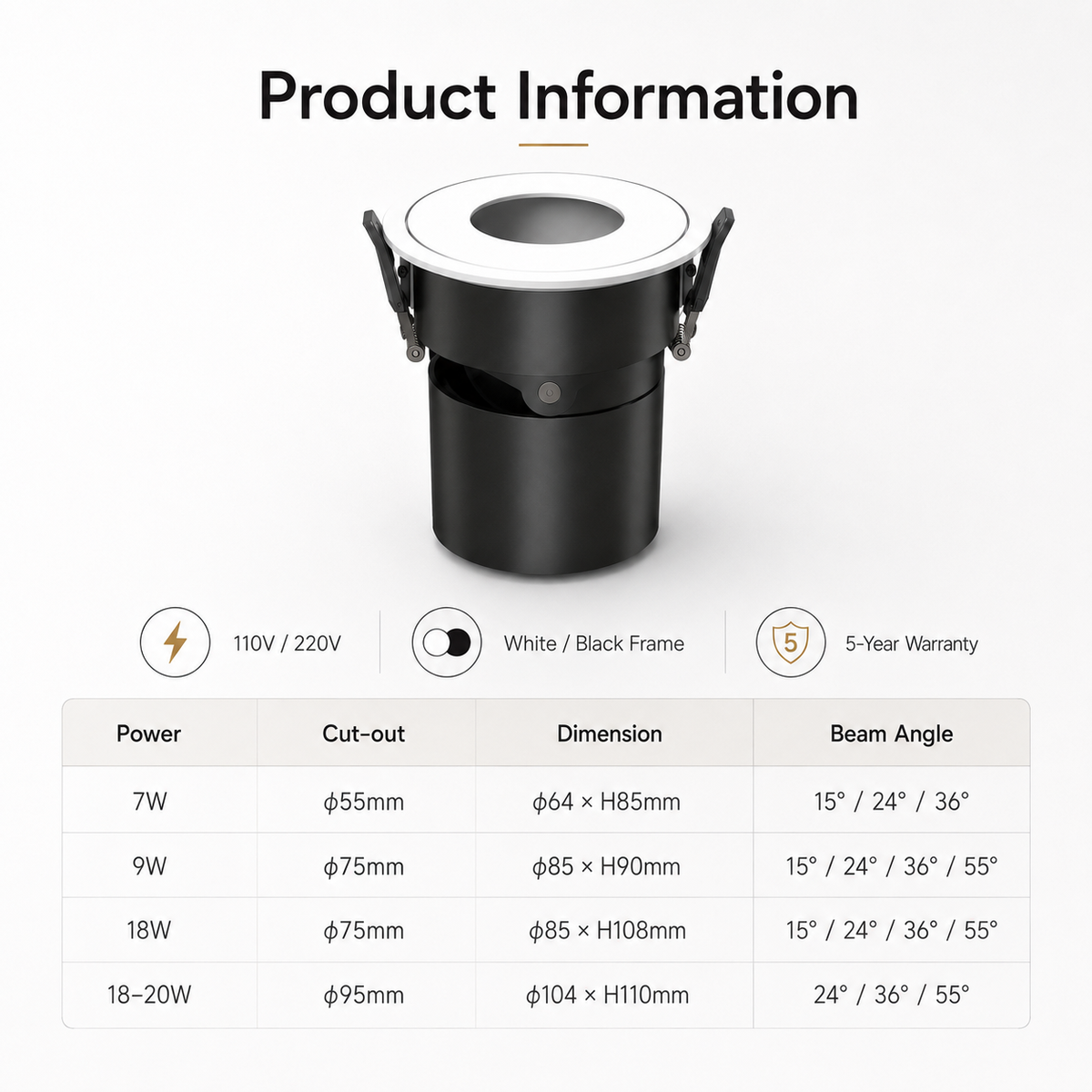 KDL Series - Product Information table showing 7W/9W/18W/18-20W cut-out dimension and beam angle specifications