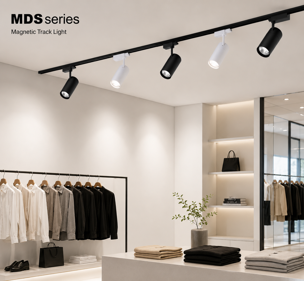 MDS Series Application - luxury fashion retail store with black and white cylinder track spotlights on black track rail illuminating clothing displays warm neutral lighting