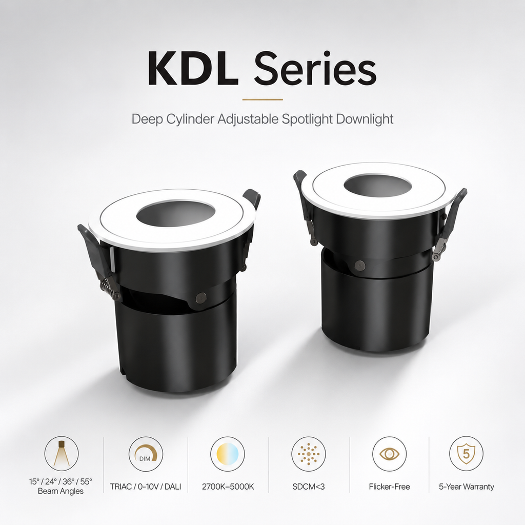 KDL Series deep cylinder adjustable spotlight downlight - white frame black body two sizes with beam angle and spec icons