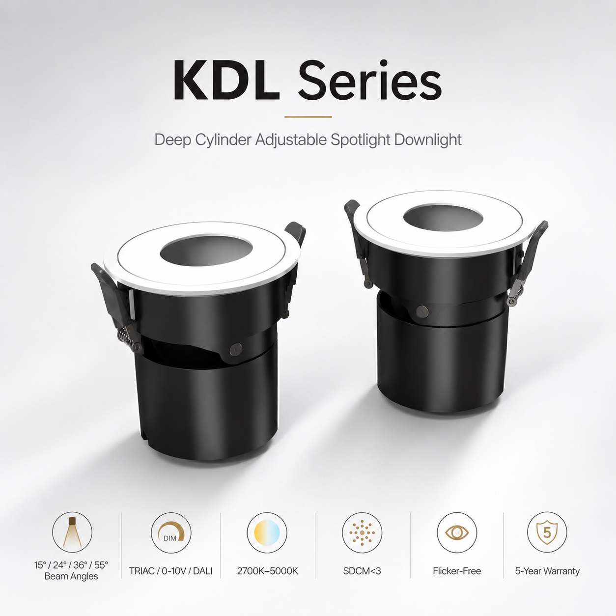 KDL Series deep cylinder adjustable spotlight downlight - white frame black body two sizes with beam angle and spec icons