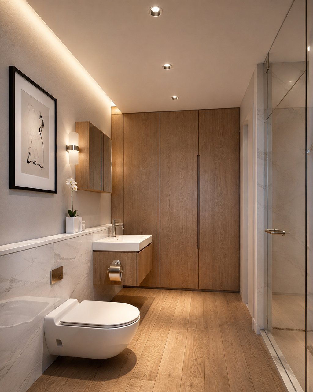 XDL Series - luxury bathroom installation showing recessed downlights in ceiling with warm white 3000K ambiance
