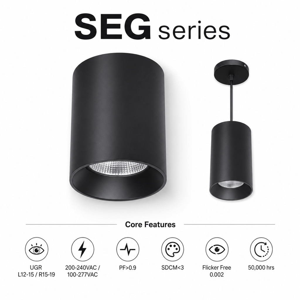 SEG Series Core Features - large black surface-mounted cylinder and small black pendant cylinder UGR L12-15 R15-19 200-240VAC 100-277VAC PF>0.9 SDCM<3 Flicker Free 0.002 50000hrs