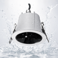 MDL Series - IP65 waterproof splash test showing sealed black baffle body with spring clips in water