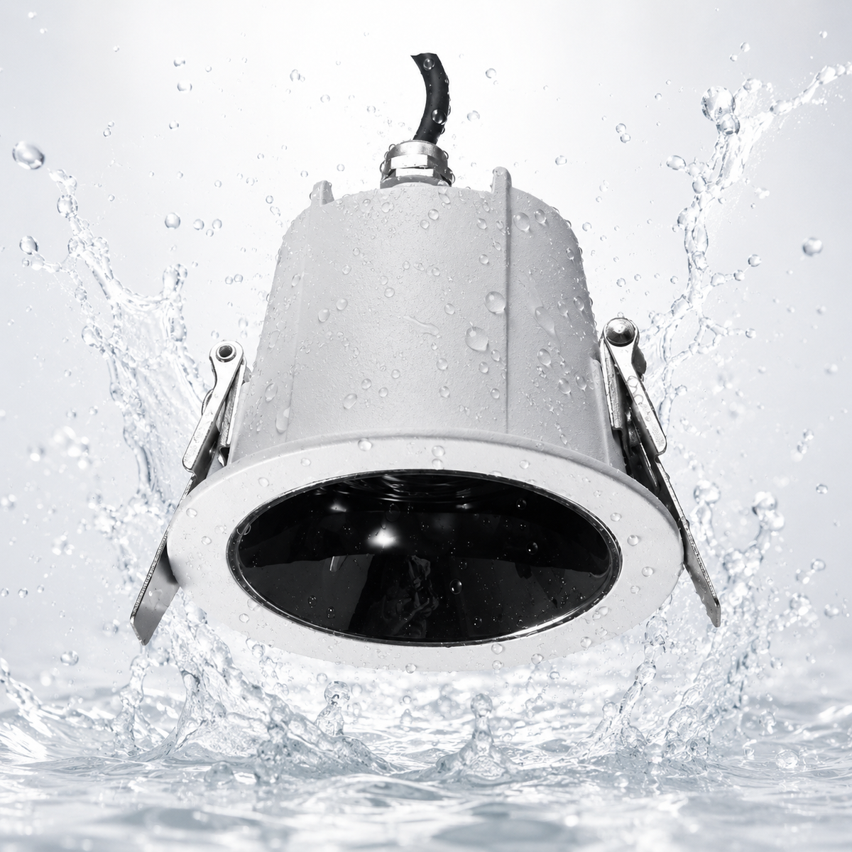 MDL Series - IP65 waterproof splash test showing sealed black baffle body with spring clips in water