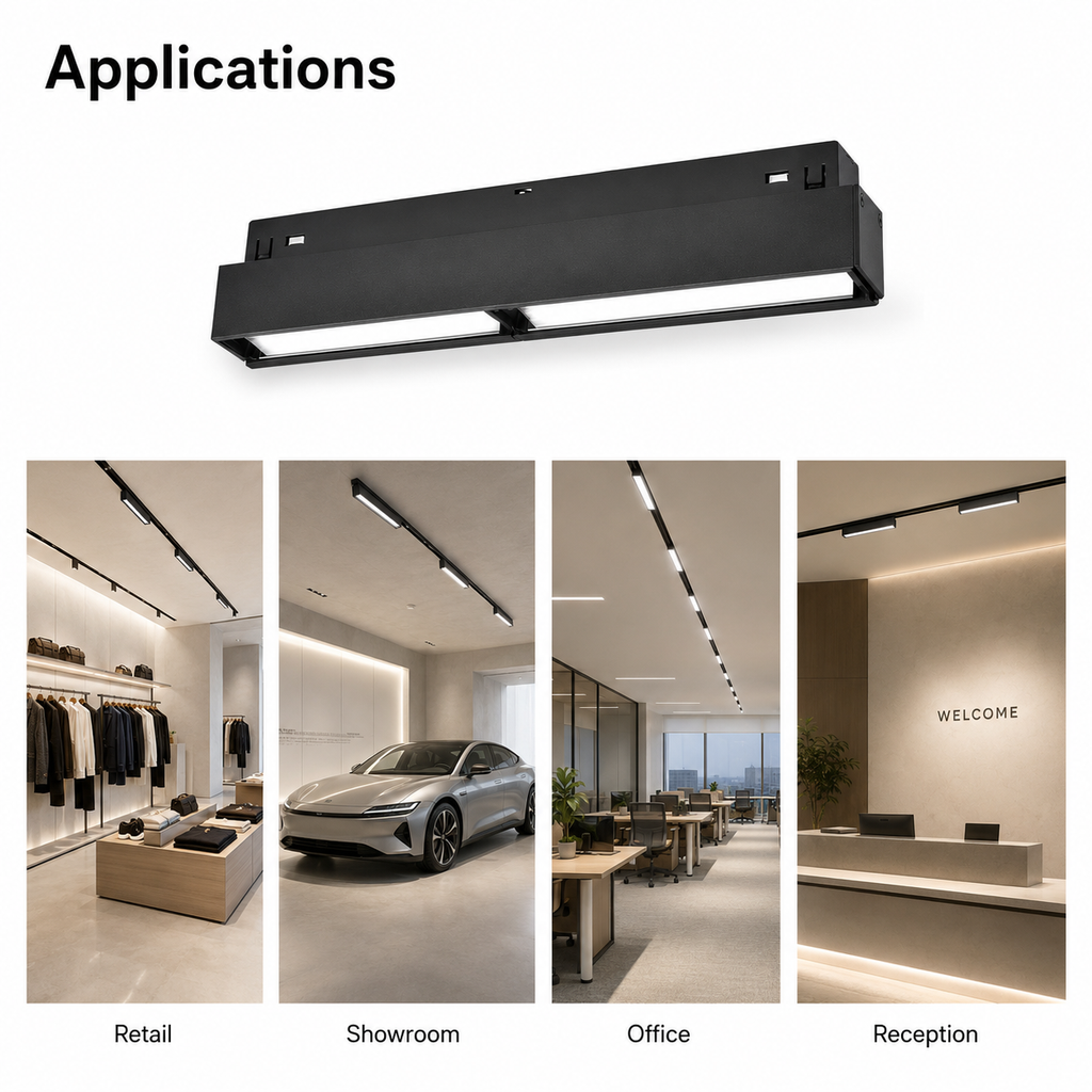 MFM Series Applications - Retail boutique Showroom car dealership Office workspace Reception area with black magnetic linear track lights