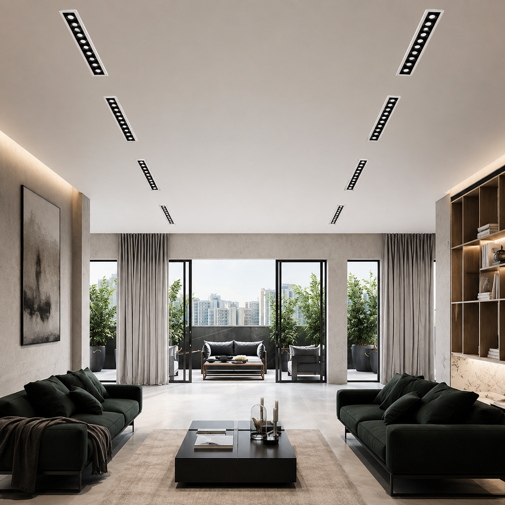 LDL Series - luxury residential living room installation showing multiple linear grille lights in ceiling