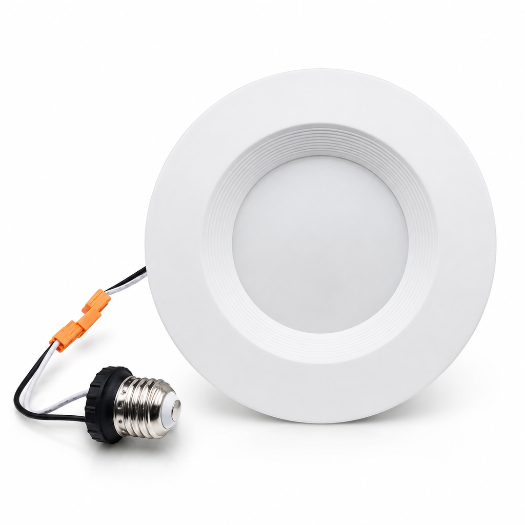 TDL Series baffle trim retrofit LED downlight - white baffle trim with E26 socket adapter and orange connector on white background