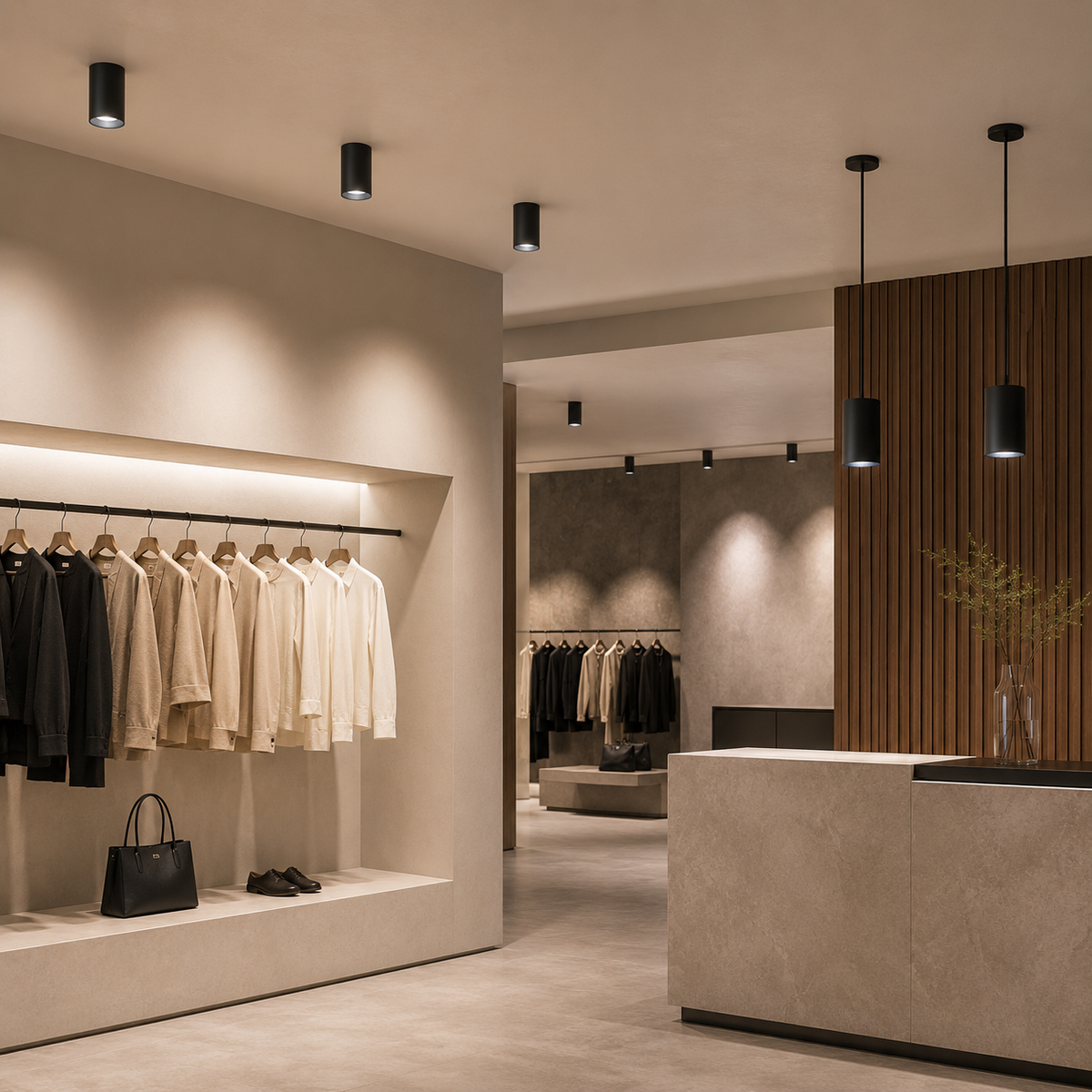 SEG Series Application - luxury fashion retail store with black surface-mounted and pendant cylinder spotlights illuminating clothing handbag and shoe displays warm 3000K accent lighting