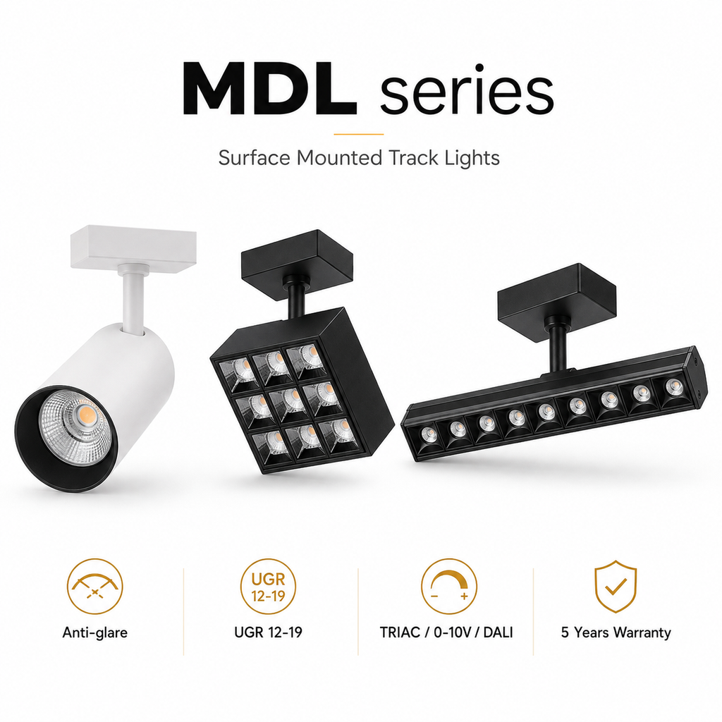 MDL Series Surface Mounted Track Lights - white cylinder spotlight black square grille black linear grille Anti-glare UGR 12-19 TRIAC/0-10V/DALI 5 Years Warranty