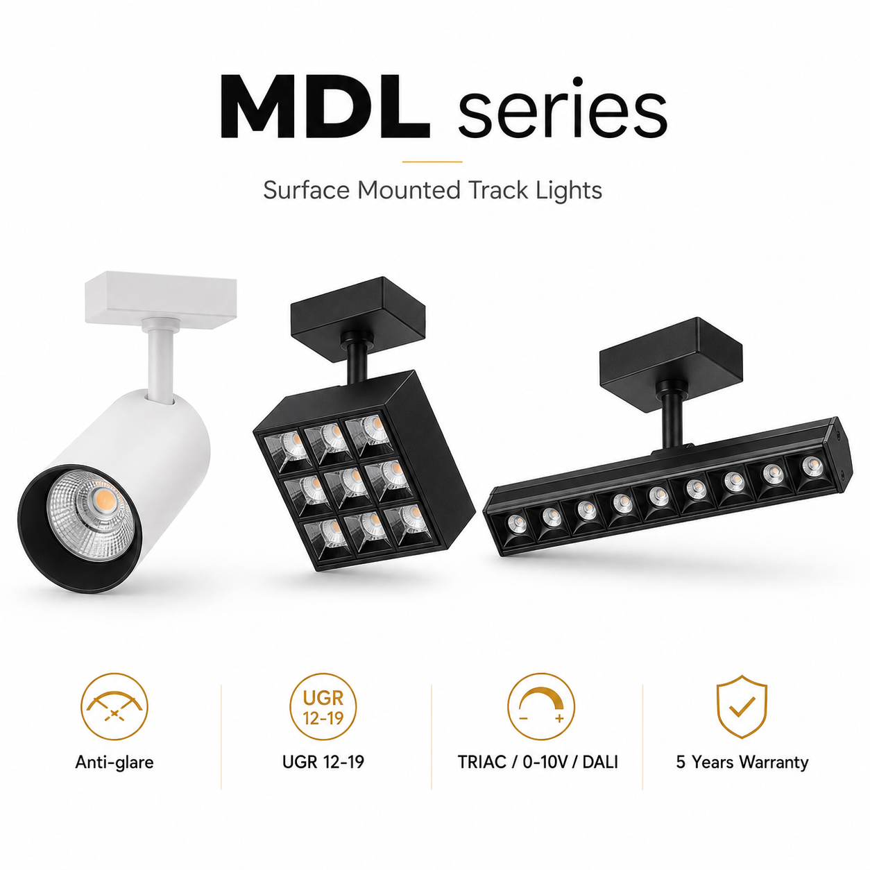 MDL Series Surface Mounted Track Lights - white cylinder spotlight black square grille black linear grille Anti-glare UGR 12-19 TRIAC/0-10V/DALI 5 Years Warranty