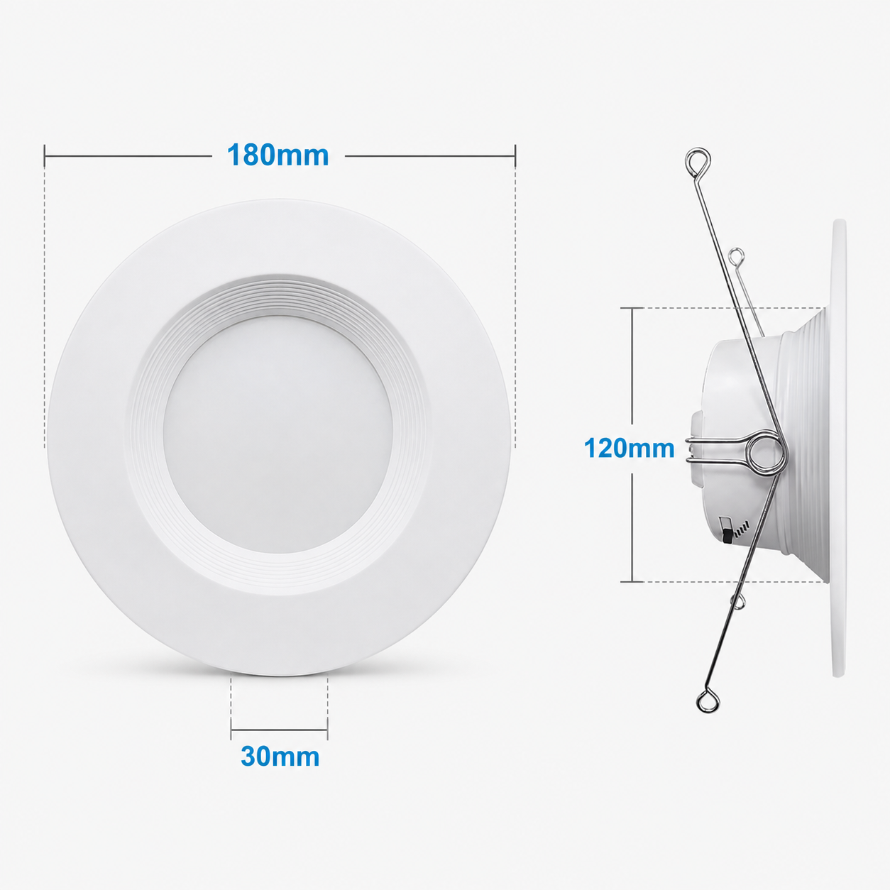 TDL Series - dimension drawing 180mm diameter 30mm inner aperture 120mm depth with spring clips side view