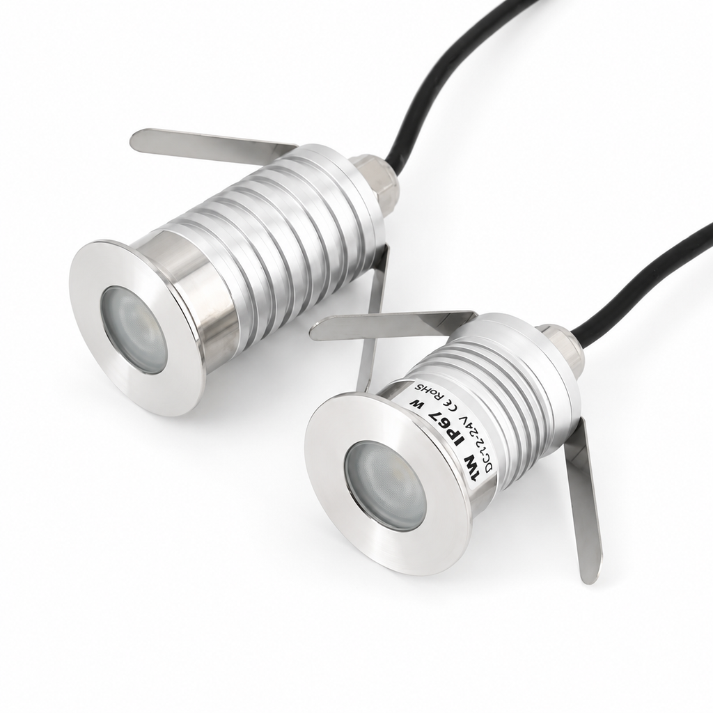 DDL Series flat LED in-ground light - two units product view, stainless steel finish