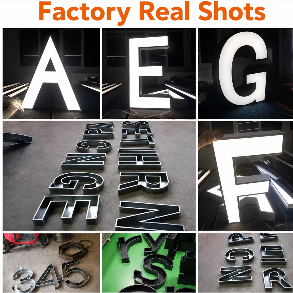 LED Letter Pendant Light Factory Real Shots - multiple letters V C N G E F R S Y in black wrought iron frame production floor factory manufacturing custom alphabet pendant lights numbers 3 4 5