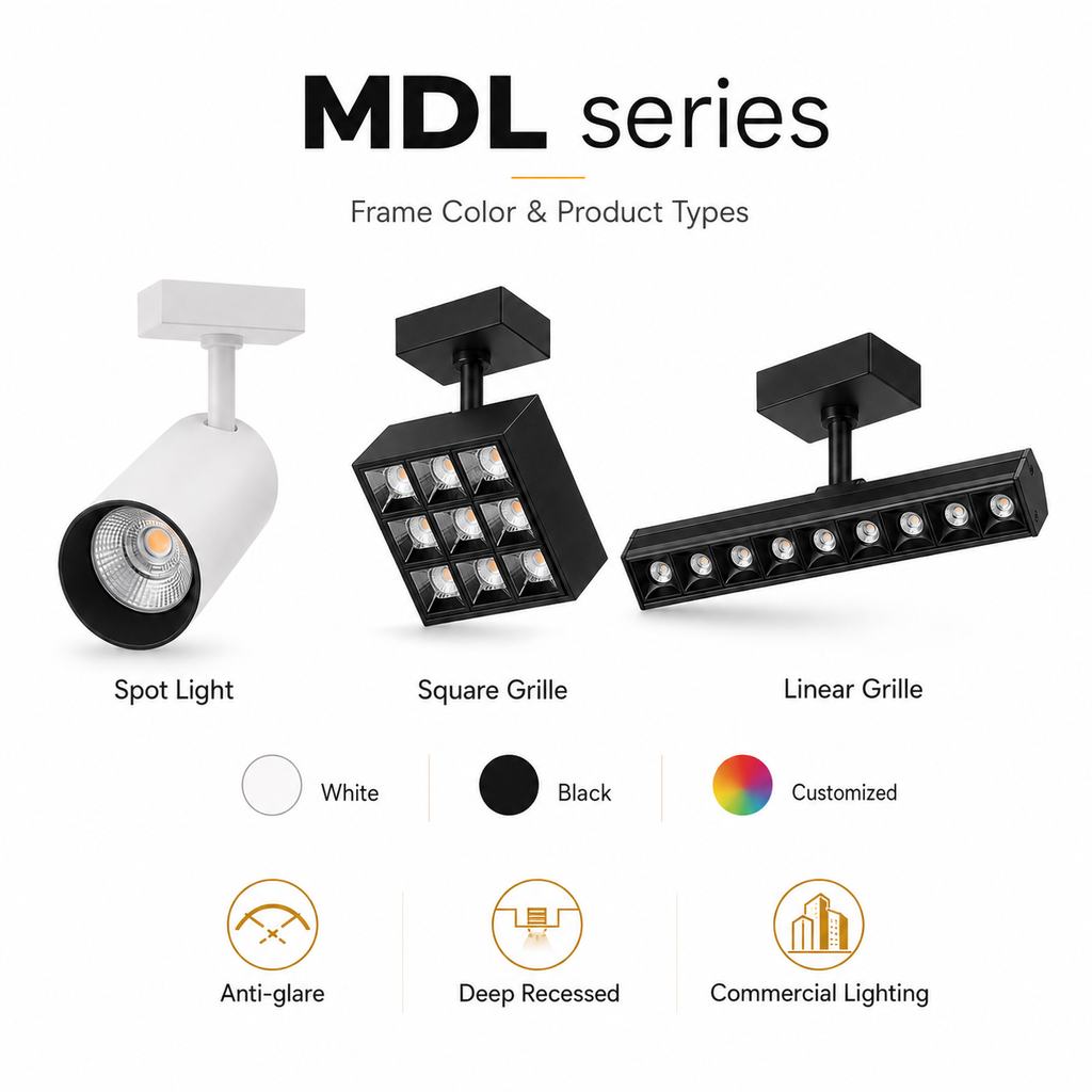 MDL Series Frame Color and Product Types - Spot Light white cylinder Black Square Grille Black Linear Grille White Black Customized Anti-glare Deep Recessed Commercial Lighting