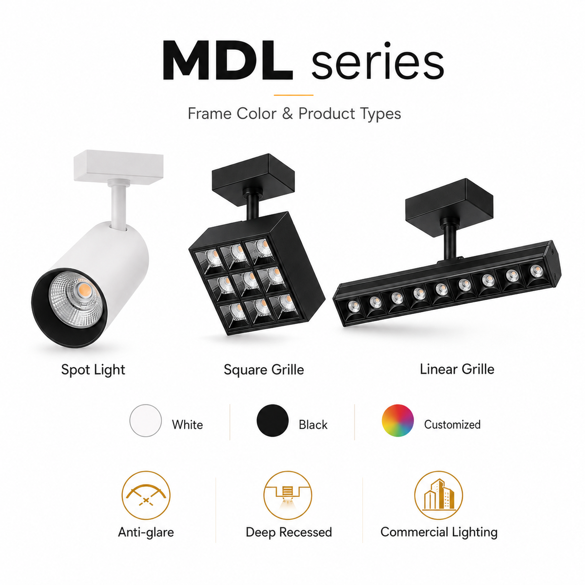 MDL Series Frame Color and Product Types - Spot Light white cylinder Black Square Grille Black Linear Grille White Black Customized Anti-glare Deep Recessed Commercial Lighting
