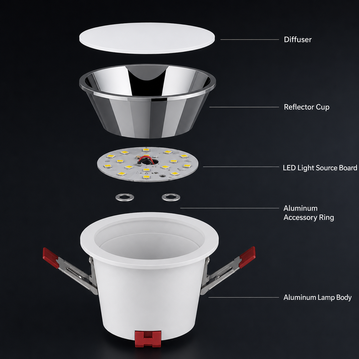 EDL Series - exploded view showing diffuser, reflector cup, LED board, aluminum body