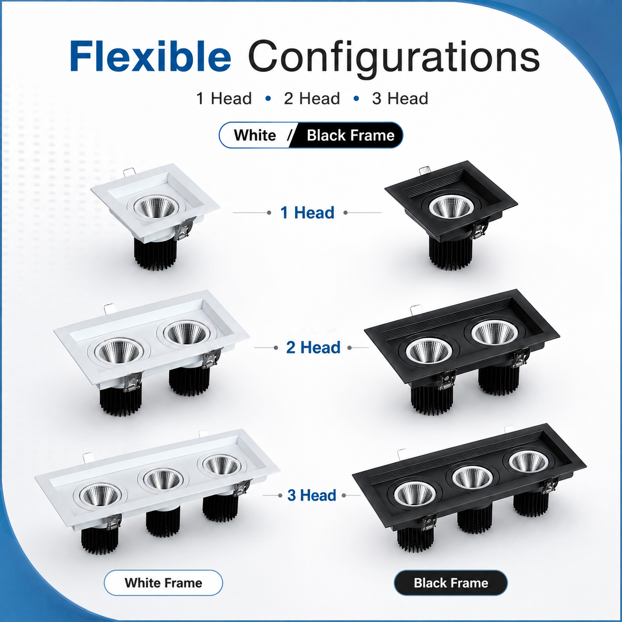 SDL Series - Flexible Configurations 1 Head 2 Head 3 Head White and Black Frame all six variants