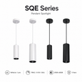 SQE Series Pendant Spotlight - four variants white small white large black small black large on white background with Reflector/Lens TRIAC/0-10V/DALI 2700K-6000K 5 Years icons