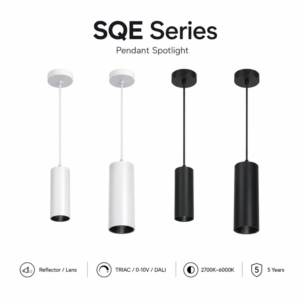 SQE Series Pendant Spotlight - four variants white small white large black small black large on white background with Reflector/Lens TRIAC/0-10V/DALI 2700K-6000K 5 Years icons