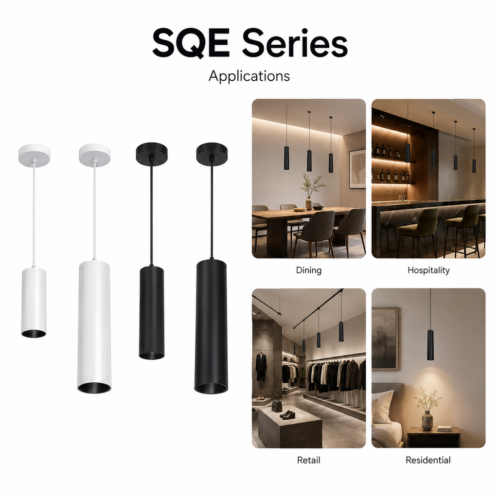 SQE Series Applications - Dining room hospitality bar retail store residential bedroom with white and black pendant cylinder spotlights in real installation scenes