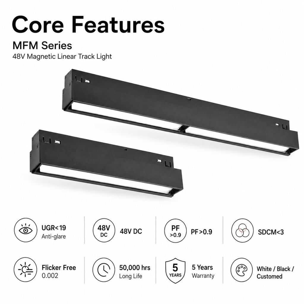MFM Series Core Features - UGR<19 Anti-glare 48V DC PF>0.9 SDCM<3 Flicker Free 0.002 50000hrs Long Life 5 Years Warranty White Black Customed frame two sizes black body