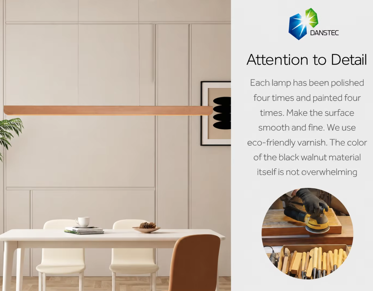 Wooden Linear Pendant Lamp Color Options - beech wood ash wood dark walnut wood pine wood four natural wood finish options suspension wire white background product shot
