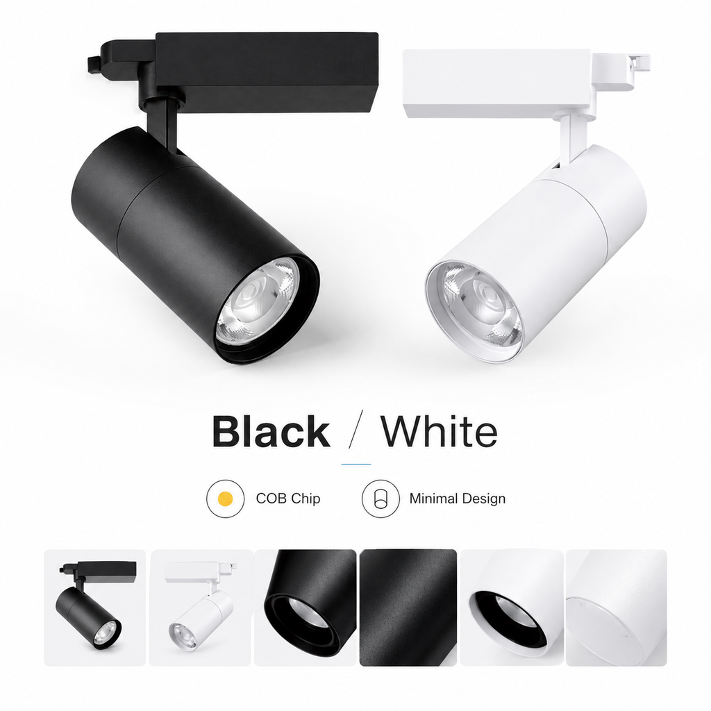 MDS Series Black and White housing - large black cylinder and large white cylinder on track COB Chip Minimal Design detail shots of black and white finish