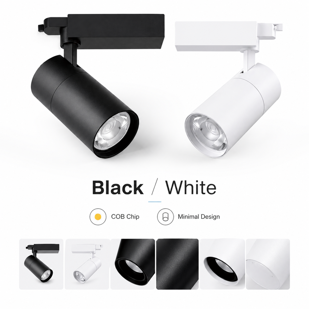MDS Series Black and White housing - large black cylinder and large white cylinder on track COB Chip Minimal Design detail shots of black and white finish
