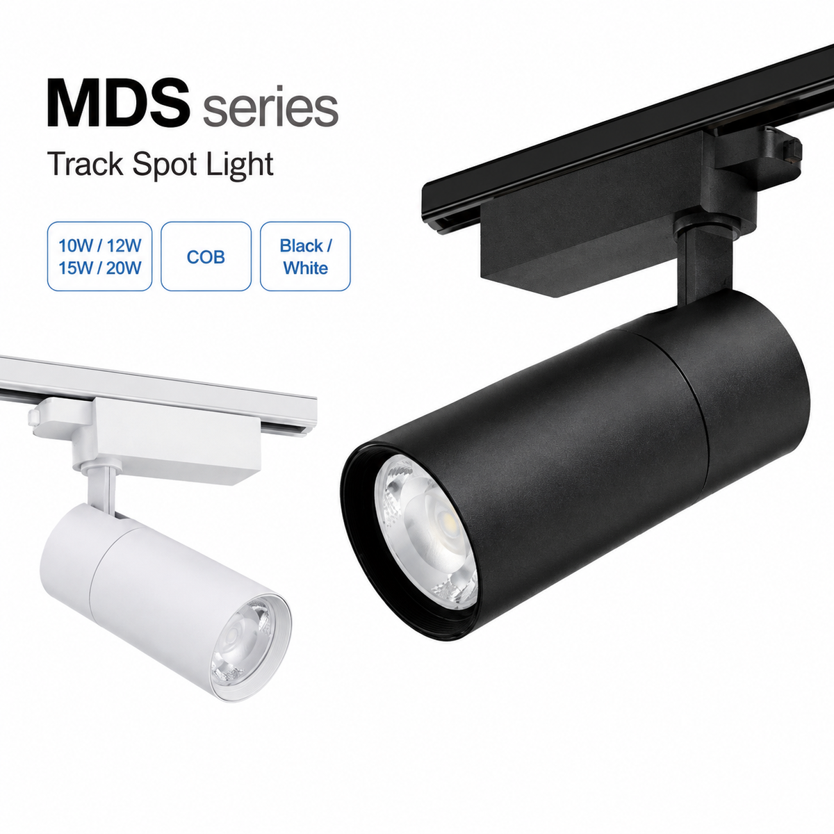 MDS Series Track Spot Light - black cylinder on black track and white cylinder on white track 10W 12W 15W 20W COB Black White housing