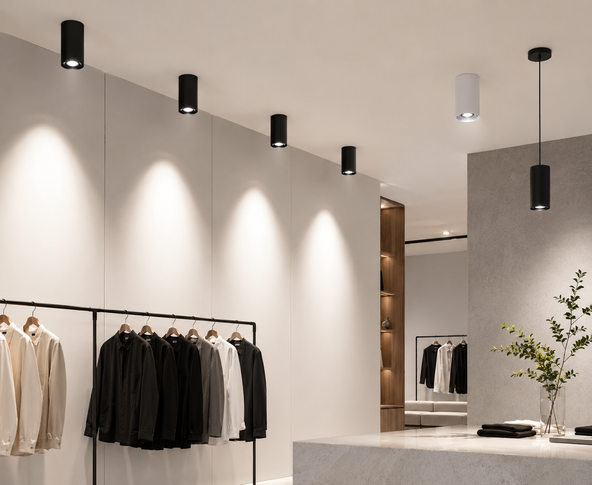 SHM Series Application - minimalist fashion retail store with black surface-mounted cylinder spotlights on ceiling and white and black pendant cylinder spotlights illuminating clothing displays warm neutral lighting
