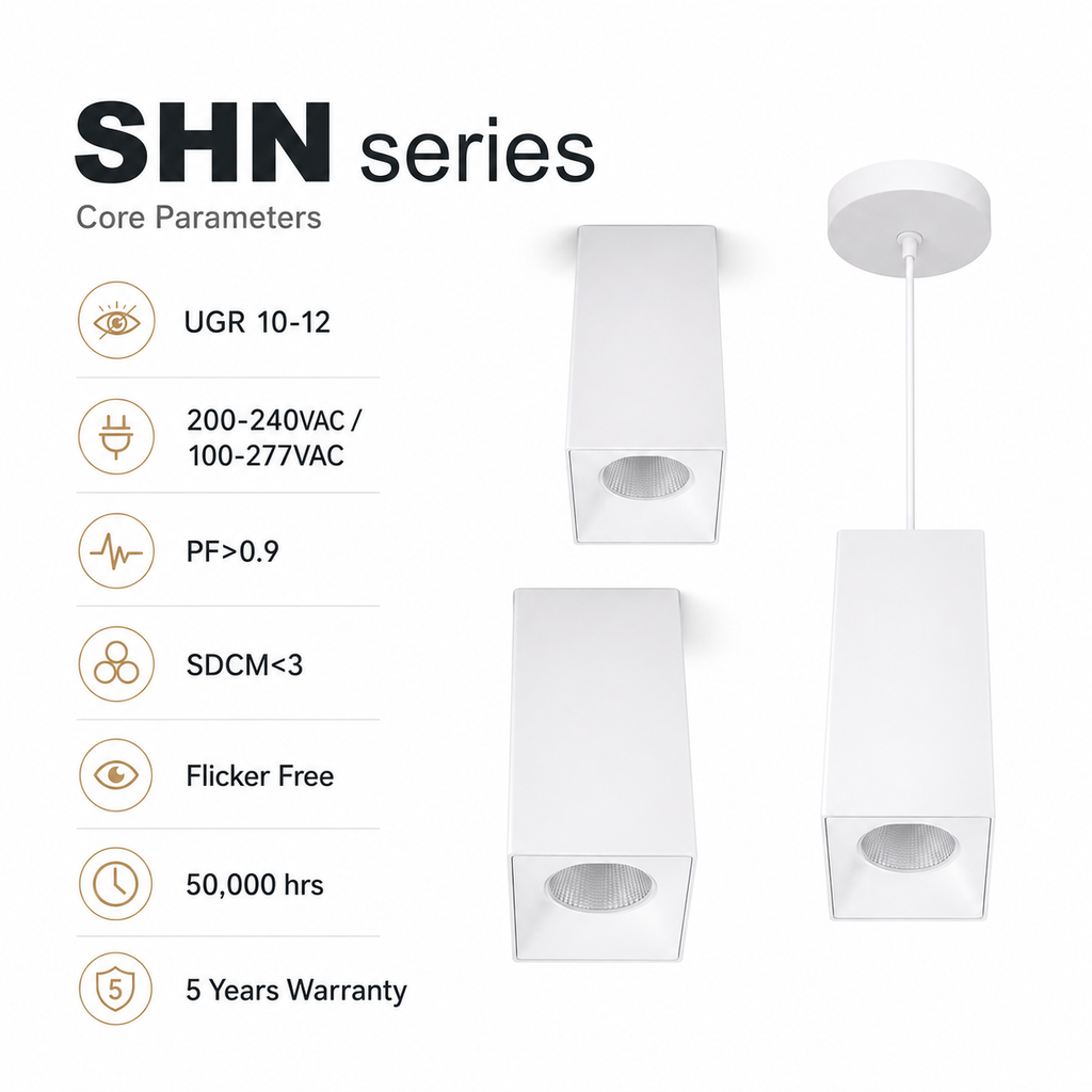 SHN Series Core Parameters - white square surface-mounted small and large pendant cylinder UGR 10-12 200-240VAC 100-277VAC PF>0.9 SDCM<3 Flicker Free 50000hrs 5 Years Warranty