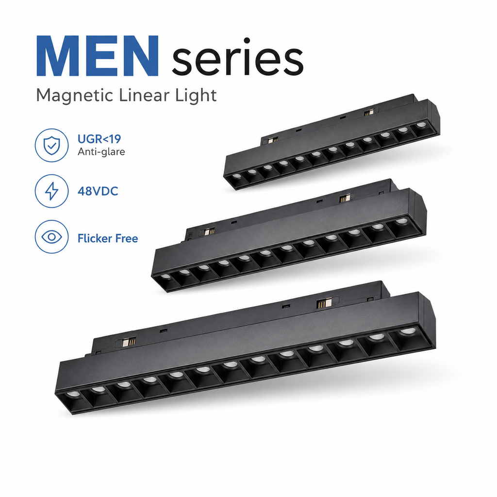 MEN Series Product Parameters - UGR<19 Anti-glare 48VDC PF>0.9 SDCM<3 Flicker Free 50000hrs 5 Years Warranty White Black Customized frame black body angled view