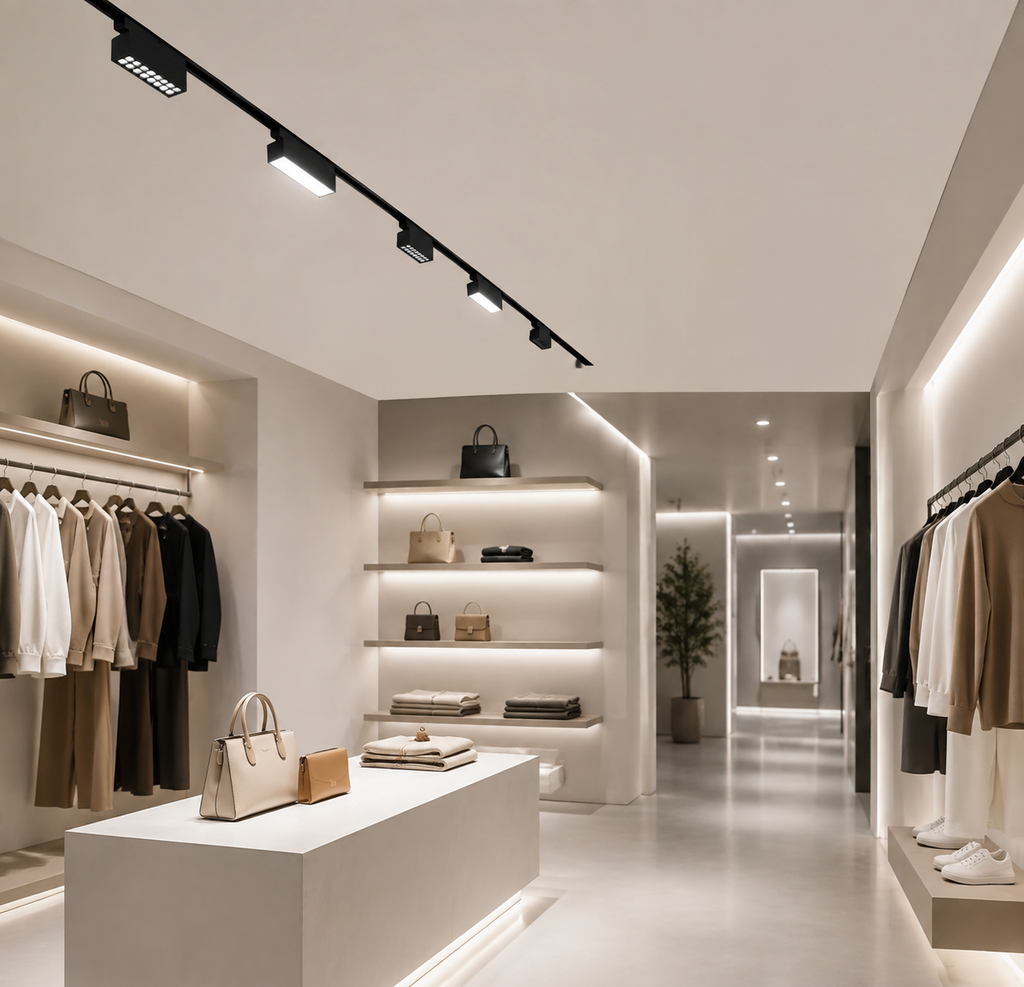MEM Series - luxury fashion retail store installation showing multiple black magnetic track light modules illuminating clothing and accessories displays