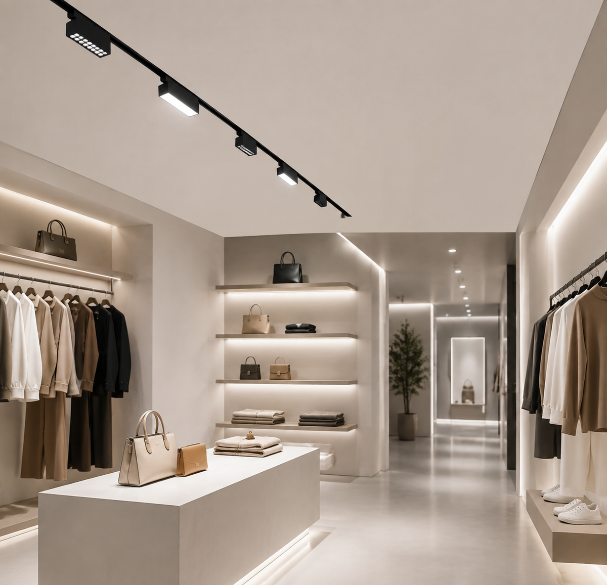 MEM Series - luxury fashion retail store installation showing multiple black magnetic track light modules illuminating clothing and accessories displays