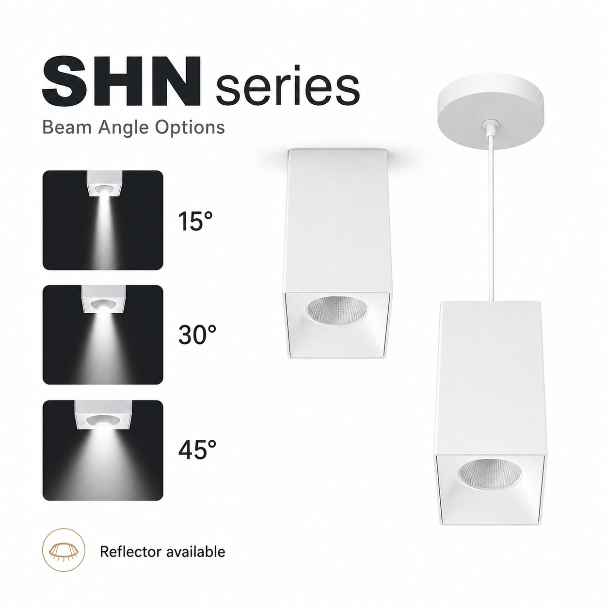 SHN Series Beam Angle Options - Reflector 15 degree 30 degree 45 degree beam pattern comparison white square surface-mounted and pendant spotlight